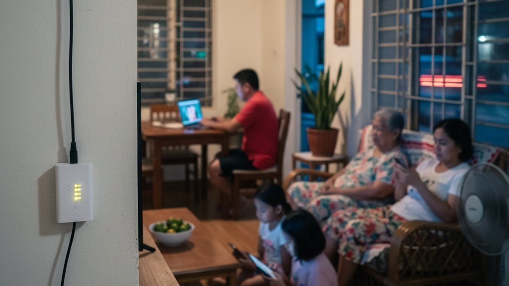 A Filipino household online together in the evening, the fiber terminal on the wall