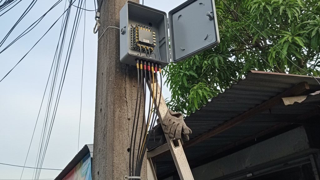 An opened fiber access terminal on a barangay utility pole